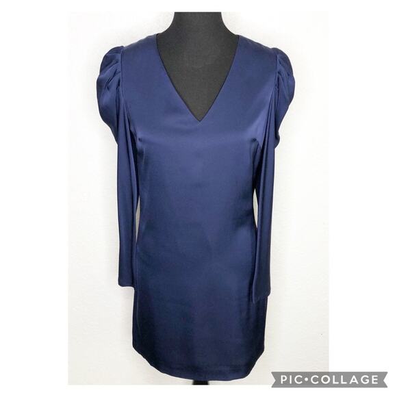 Milly navy blue puff shoulder v neck silk dress size 2 - Picture 1 of 16